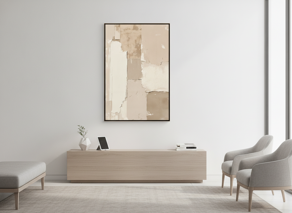 Vertical neutral abstract wall art styled for a modern law office reception area