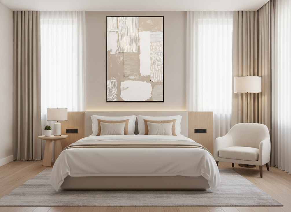 Hotel art procurement timeline with wall art displayed in a modern guestroom setting