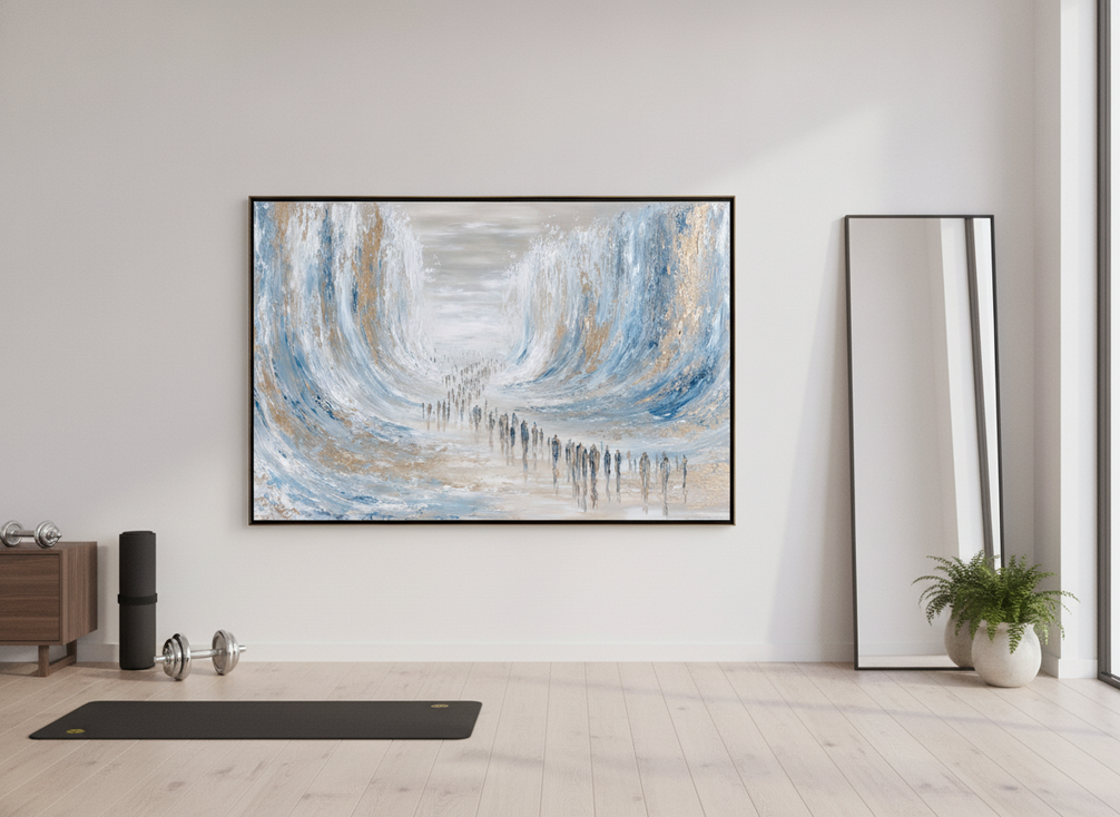 Large abstract wall art for a home gym styled as a broad editorial hero in a modern workout room