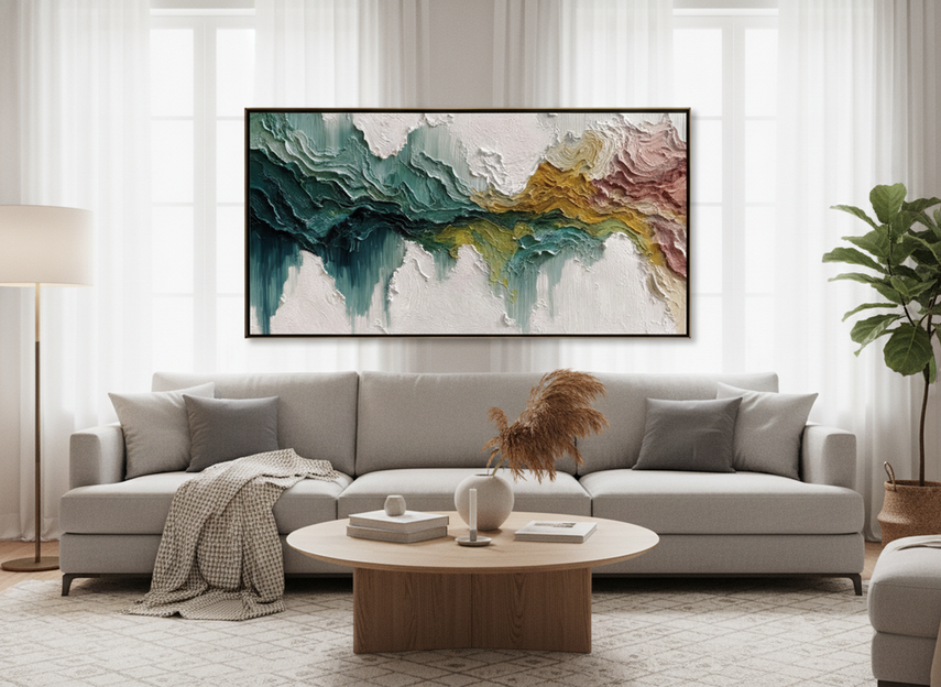 Textured abstract wall art in a modern living room, shown as a decorative centerpiece with layered surface detail and warm natural light