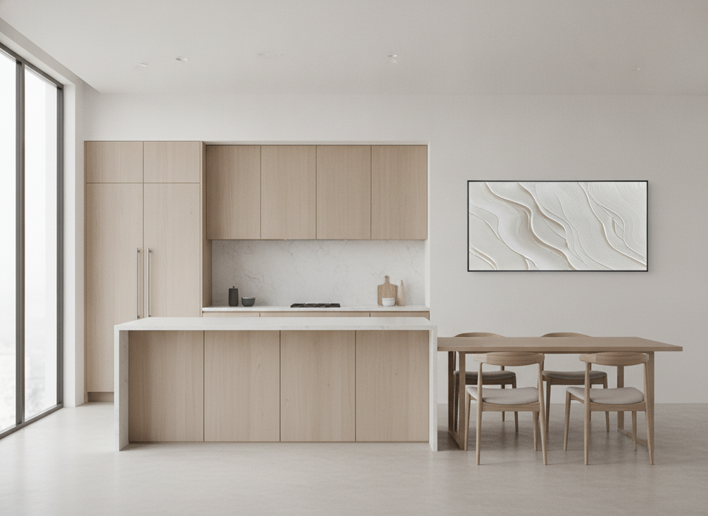 Kitchen wall art displayed on a calm dining-side wall away from the cooking area