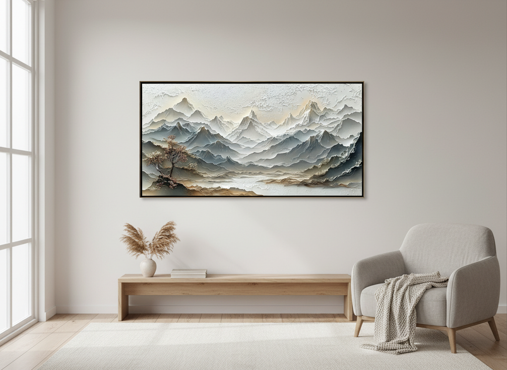 Textured mountain landscape painting with soft neutral tones in a calm room