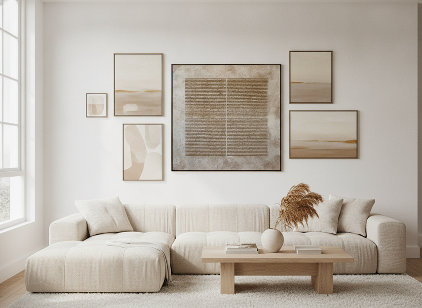 Abstract gallery wall with original paintings arranged in a cohesive living room setting
