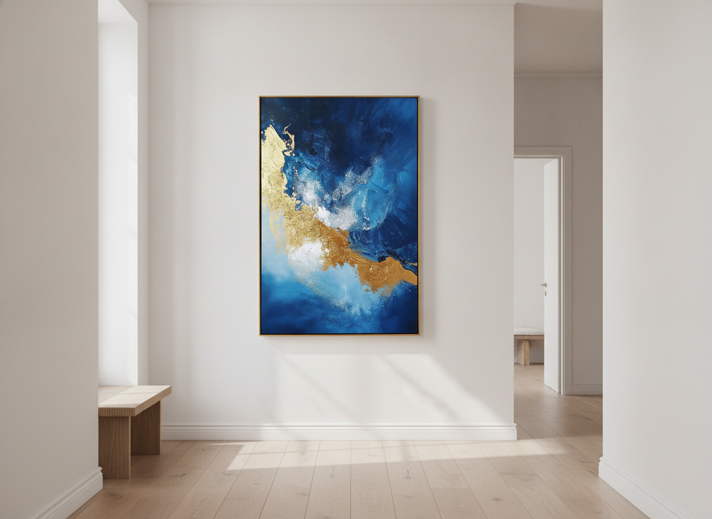 Tall vertical abstract wall art in a narrow hallway with clear walking space and no obstruction