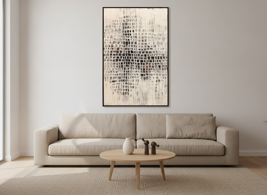 Colorful abstract wall art displayed above a neutral sofa in a beige living room with warm wood accents