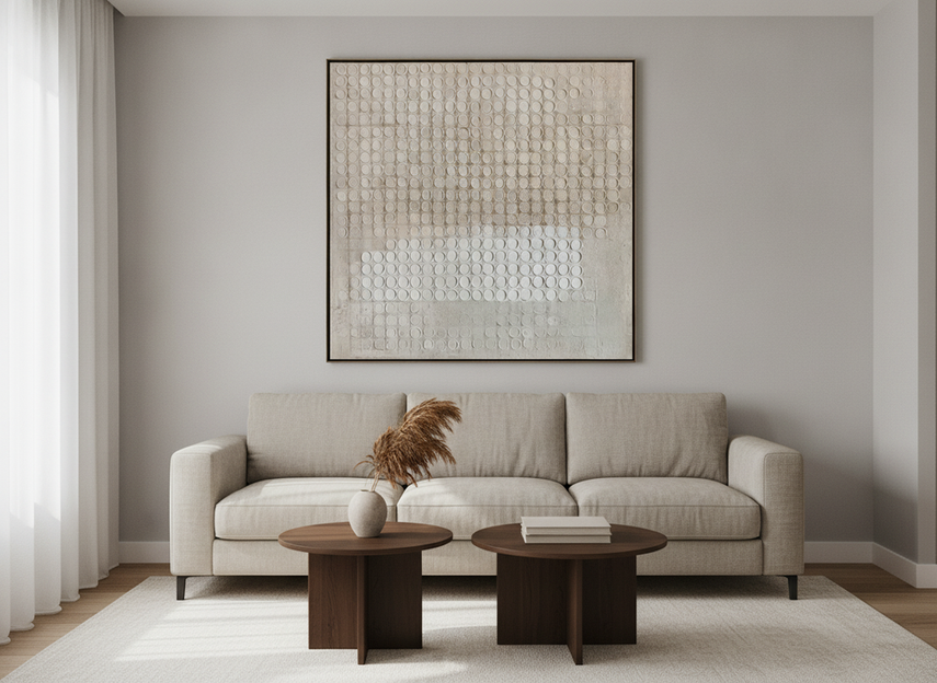 Large abstract painting styled as a home decor hero in a small apartment living room