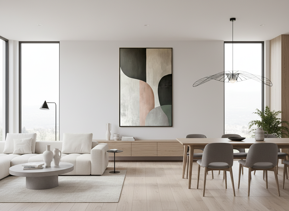 Open-concept living and dining area with coordinated wall art visible across shared sightlines