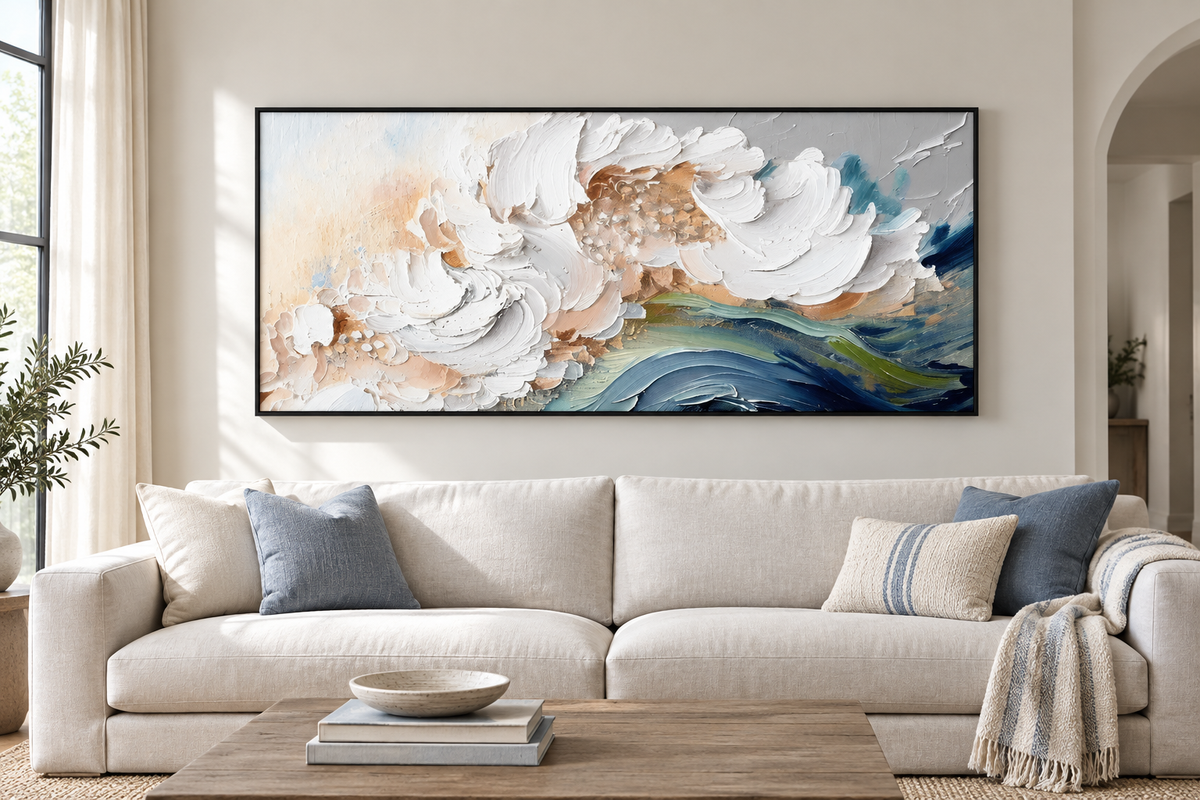 Textured abstract coastal painting displayed as the focal artwork in a calm modern living room
