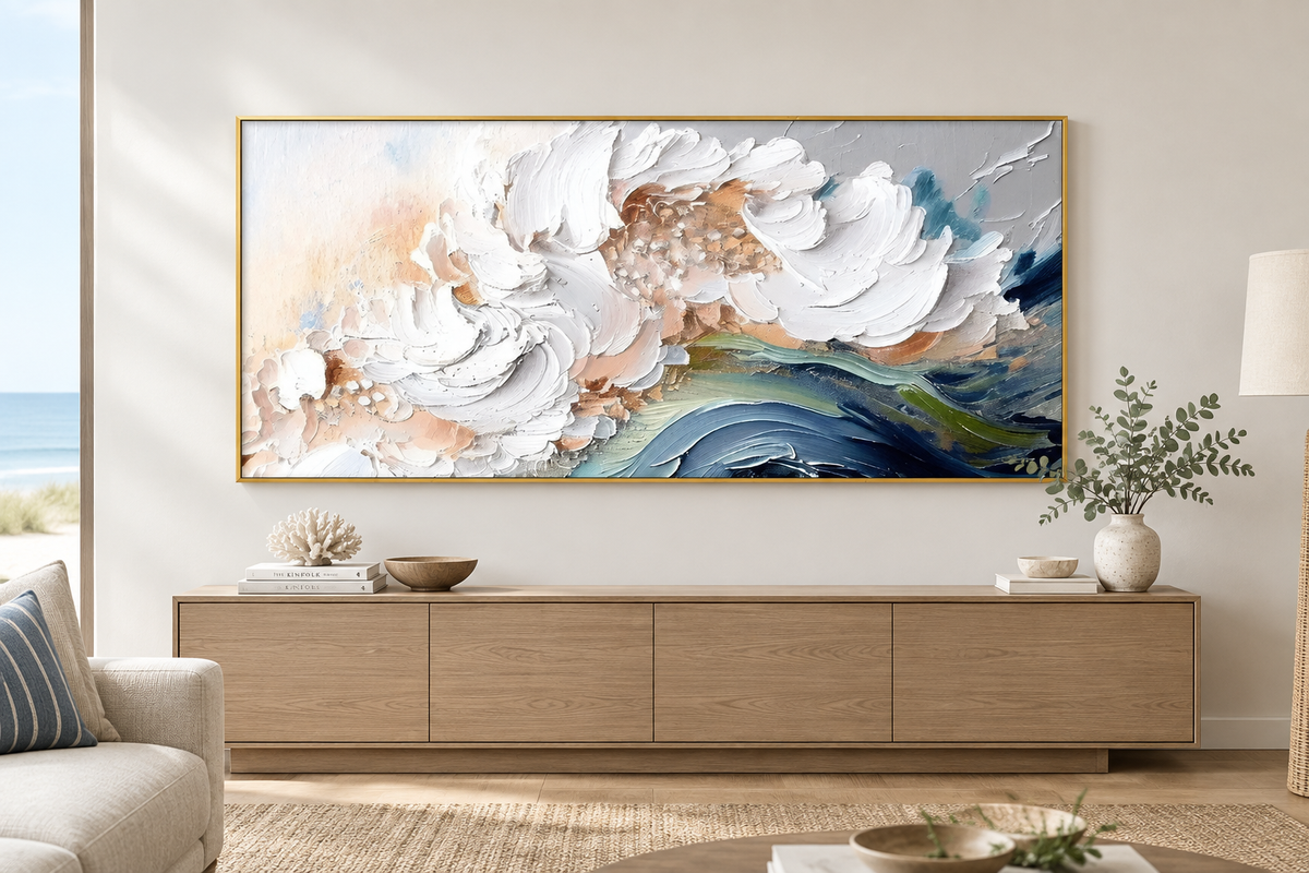 Textured abstract coastal seascape painting displayed as the focal artwork in a calm contemporary room.