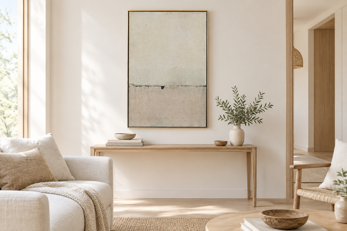 Neutral abstract landscape wall art displayed above a console in a bright Scandinavian-inspired living room with light wood and natural textures.