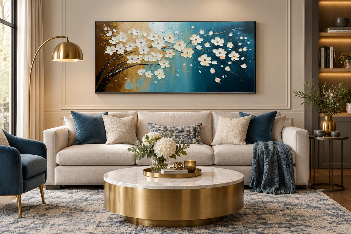 Blue-and-gold floral tree painting anchoring a living room with brass, black, and brushed nickel fixtures