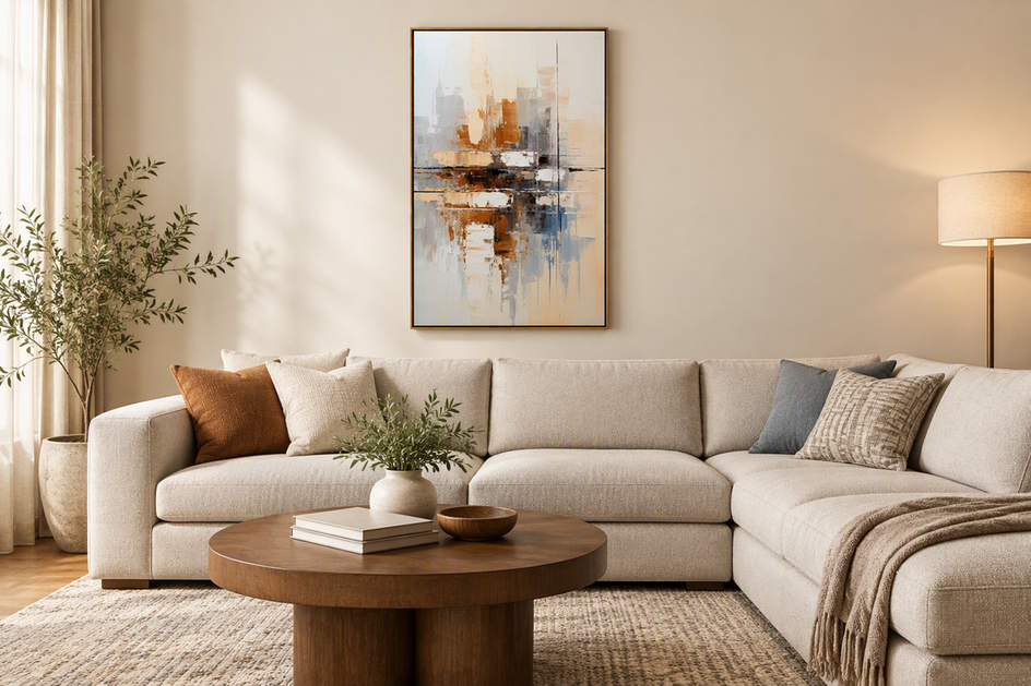 Textured canvas artwork centered above an L-shaped sectional in a balanced living room arrangement