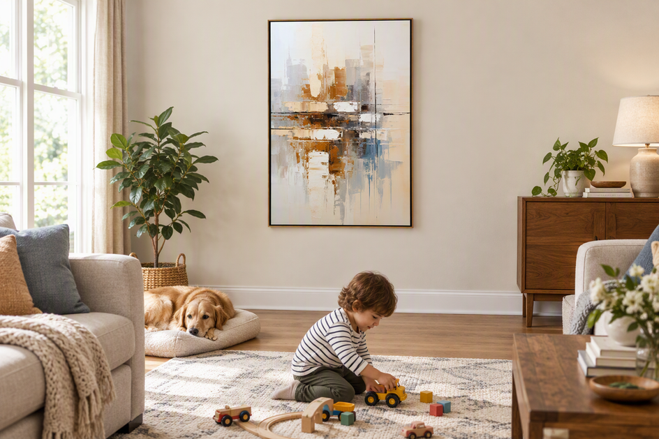 Framed abstract artwork displayed on a living-room wall beyond a child’s reach and away from a pet’s jumping path