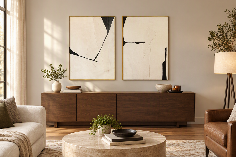 Abstract diptych wall art centered above a credenza in a balanced living room arrangement.