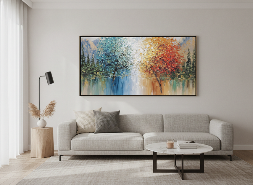 Textured landscape wall art in a living room setting, horizontal format with layered trees and rich color.