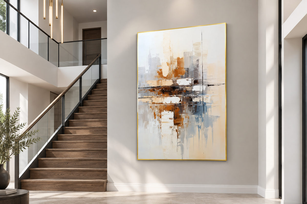 Large abstract painting installed on the tall wall beside a modern staircase in a double-height foyer