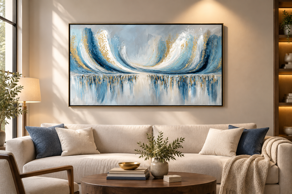 Blue and gold textured abstract artwork displayed on a living room wall with a warm directional accent light grazing its surface