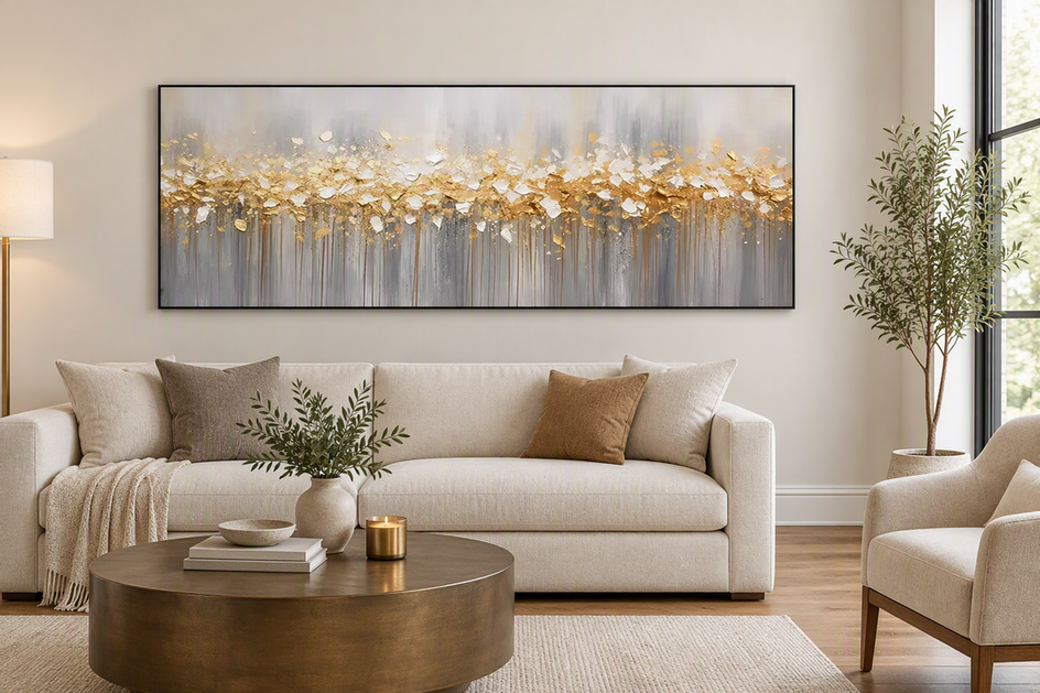 Abstract painting displayed in a warm, contemporary room above a visible wood floor