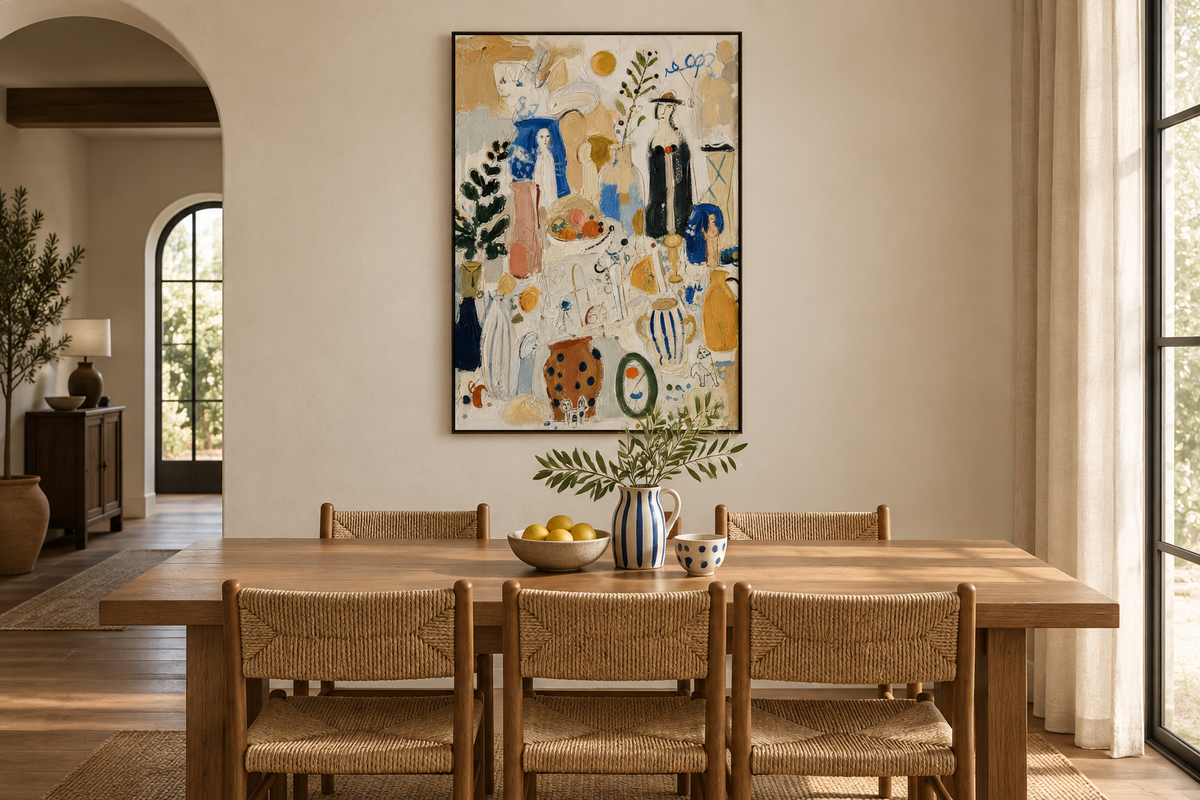 Modern still life painting displayed above a dining table with a restrained centerpiece and coordinating ceramics