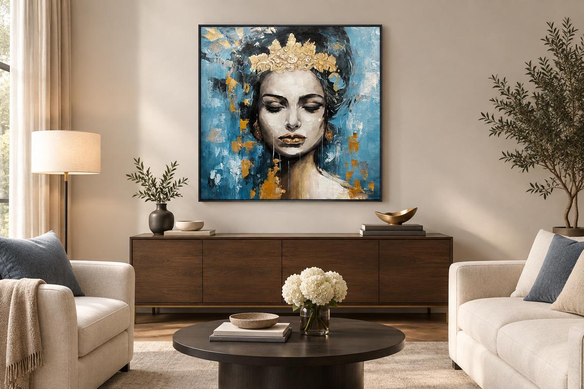 Blue-and-gold figurative portrait painting serving as the focal point of a refined sitting room.