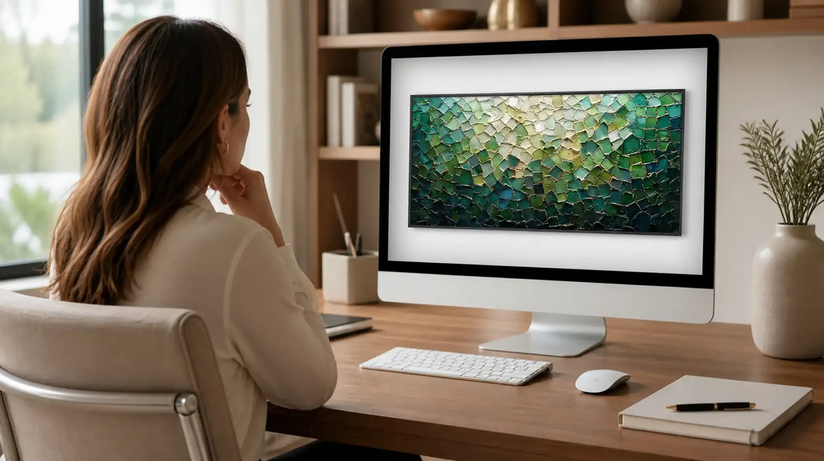 Customer reviewing a hand-painted art preview on a computer before shipping