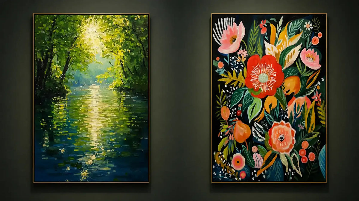 Chiaroscuro vs. Tenebrism oil painting examples showing a luminous landscape and vivid floral artwork