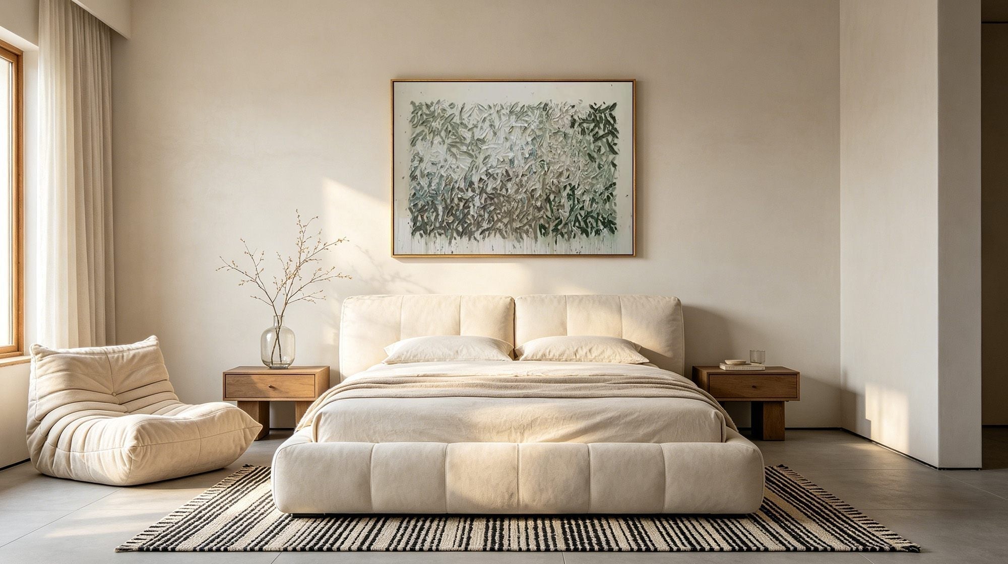 Cream bedroom with wooden nightstands and a green textured abstract painting above the bed, creating a calm modern retreat.