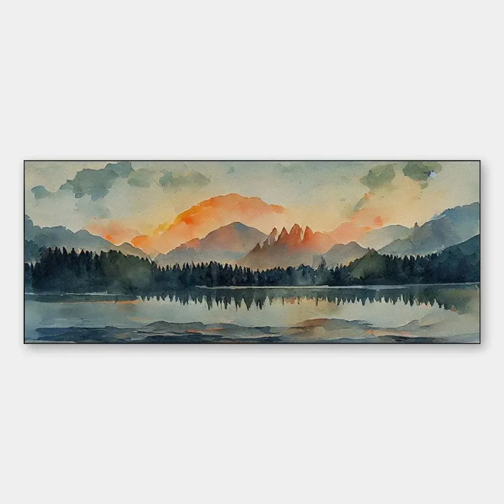 Panoramic watercolor mountain lake painting with a warm sunset sky