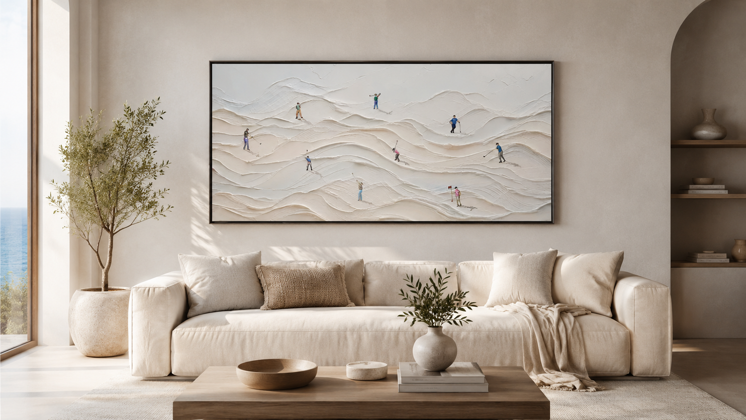 Beige textured line wall art above a neutral living room sofa