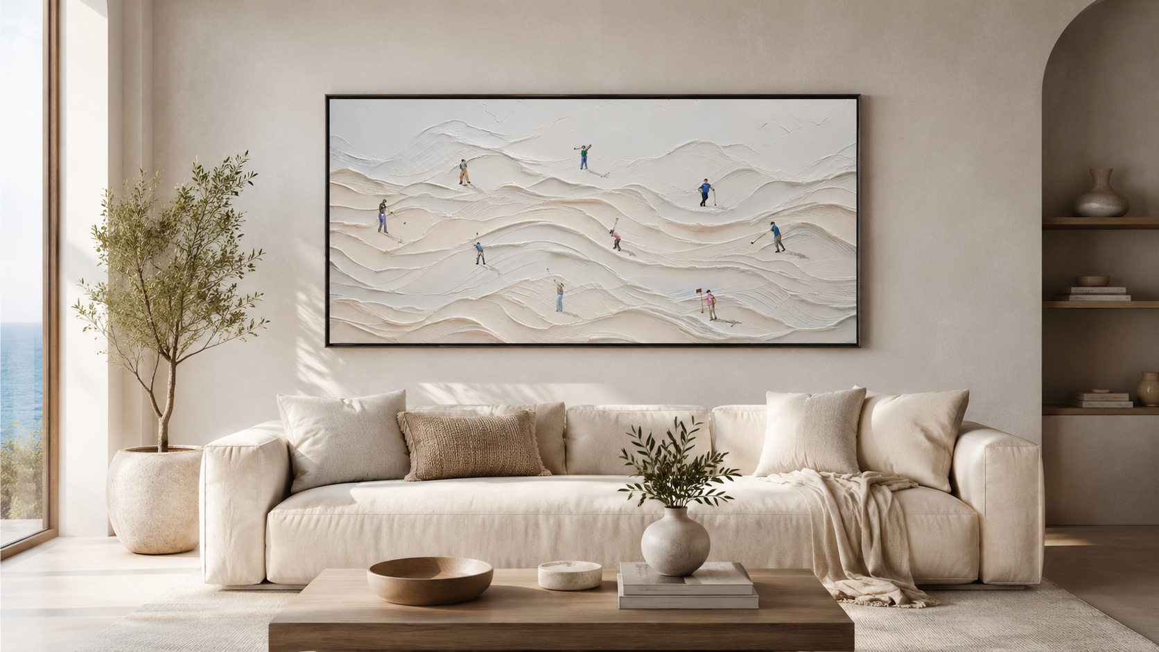 Beige textured line wall art above a neutral living room sofa