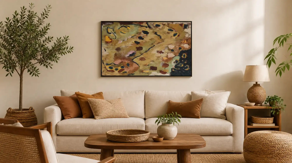Boho living room with abstract wall art above a beige sofa, woven tray, and potted tree.