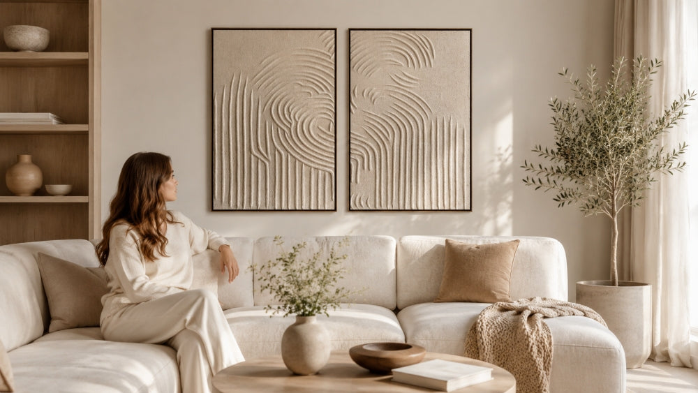 pair of framed canvas wall art pieces in a clean living room