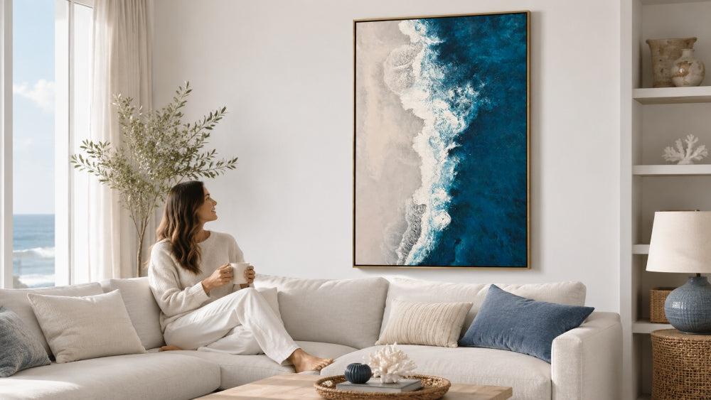 Vertical coastal wave wall art beside a sofa in a sunlit living room