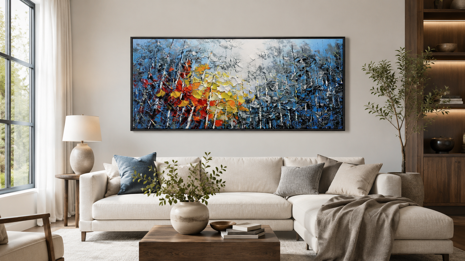 Colorful abstract textured wall art above a neutral living room sofa