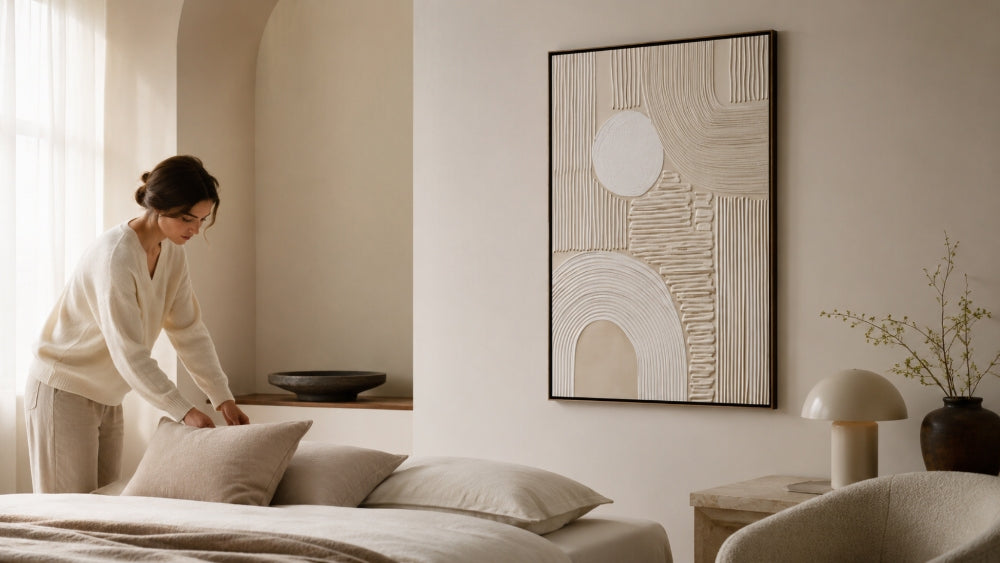 canvas painting in a calm room for dusting and inspection guidance