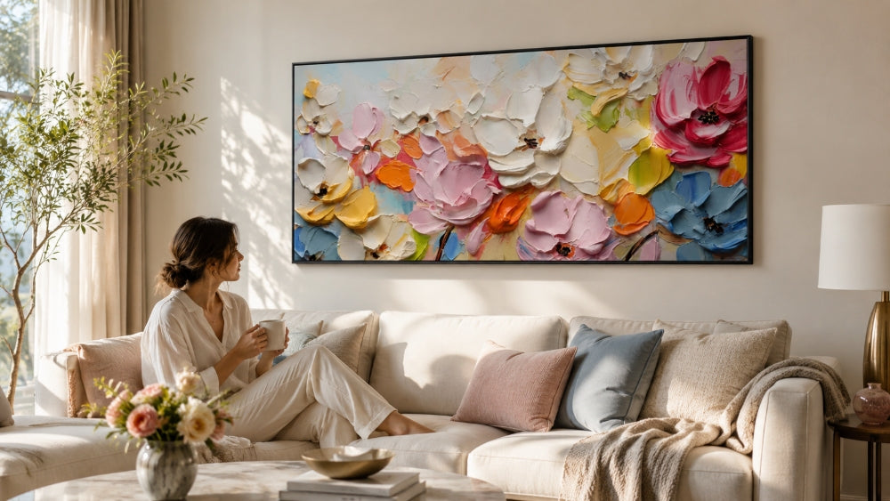 Textured floral wall art above a soft sofa with light neutral decor