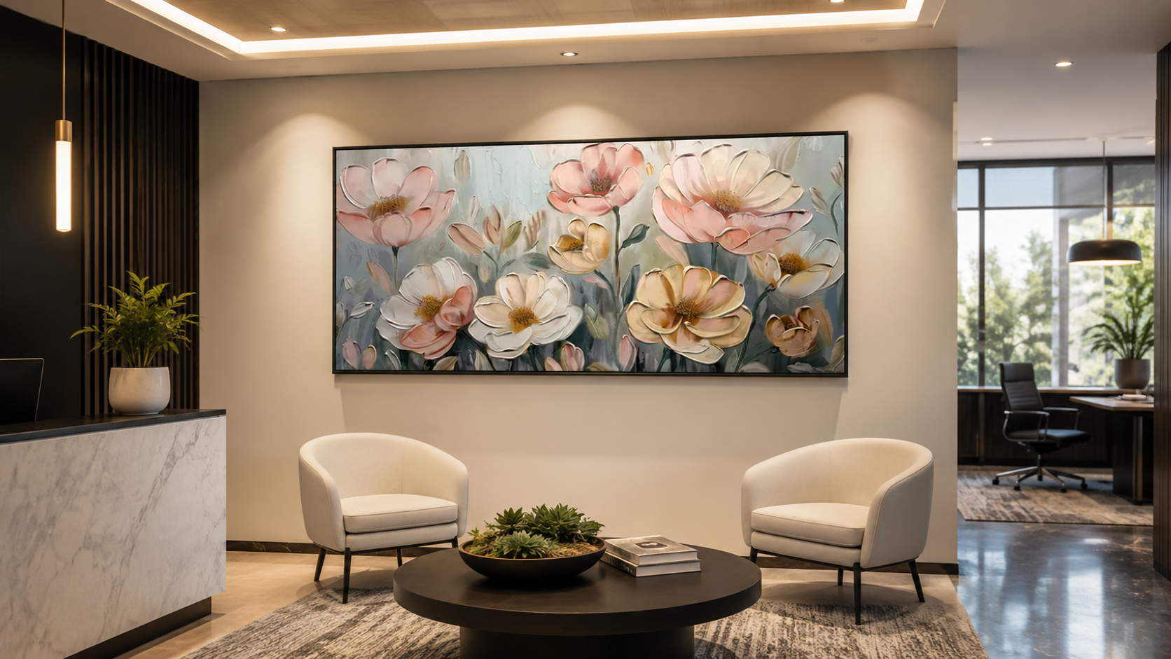 Oversized floral textured wall art in an elegant modern lounge