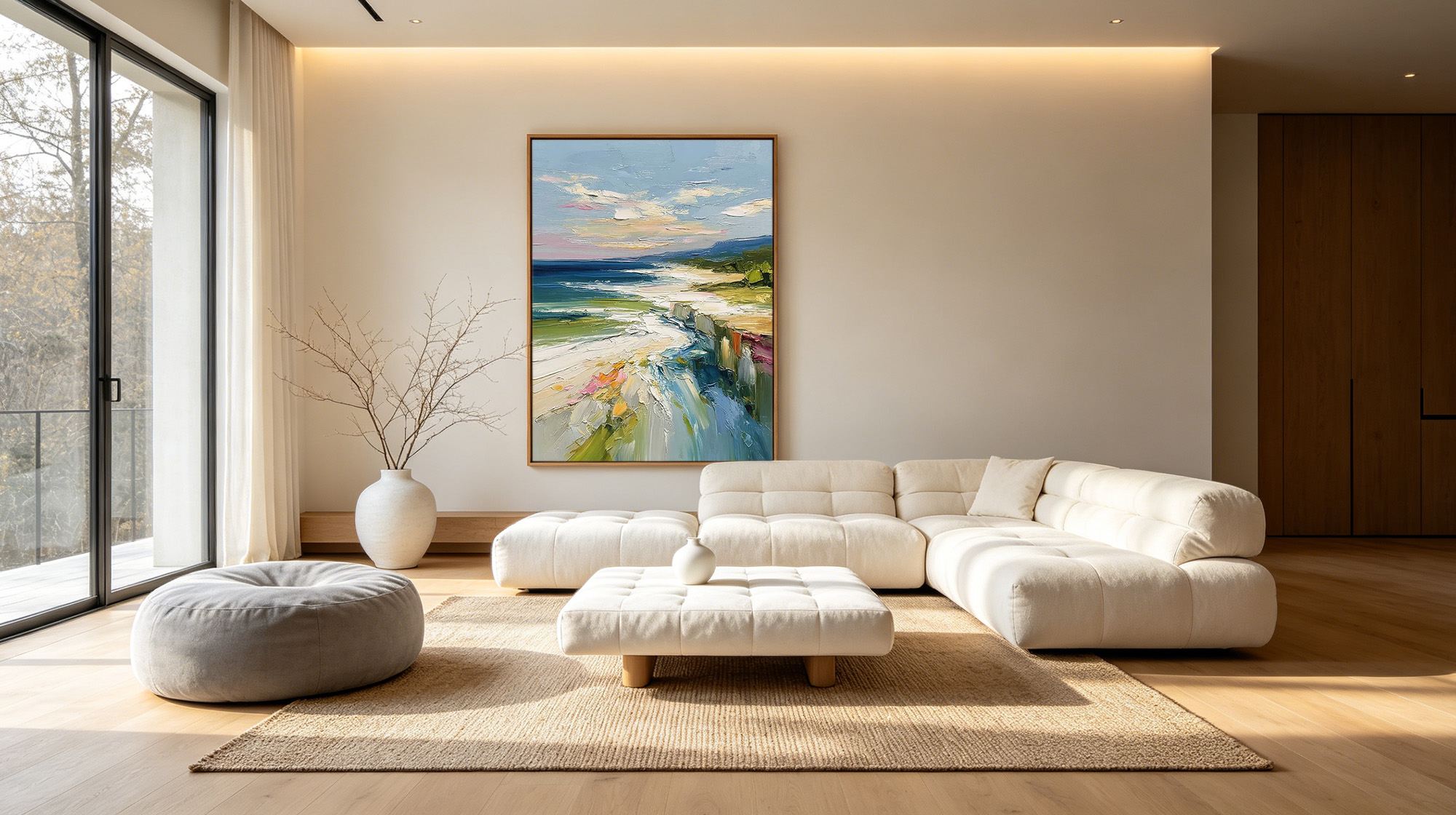 Montcarta large impasto coastal beach canvas painting in a bright modern living room.