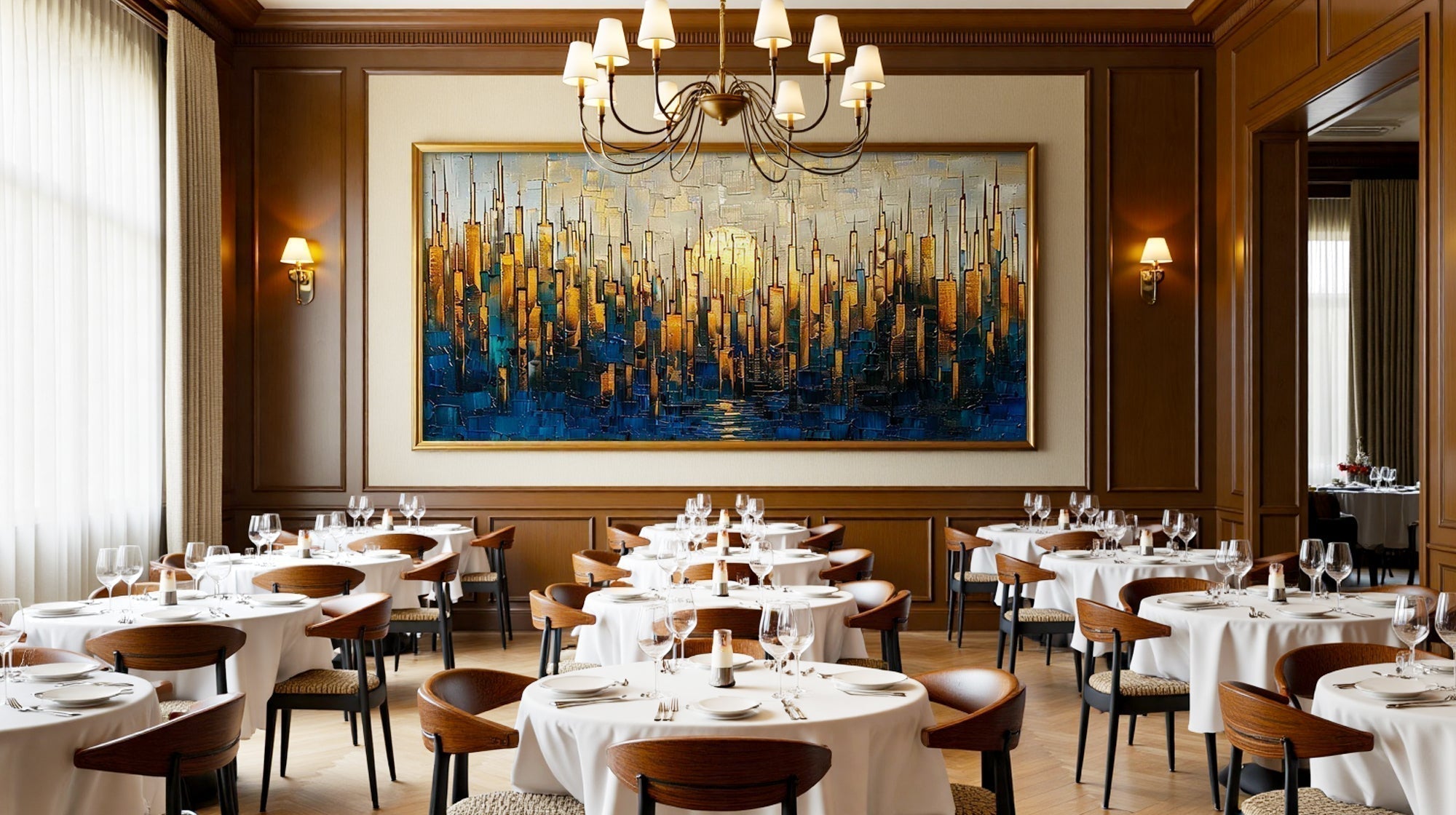 Elegant fine dining restaurant featuring large abstract oil painting with warm gold and blue tones above white tablecloth seating area