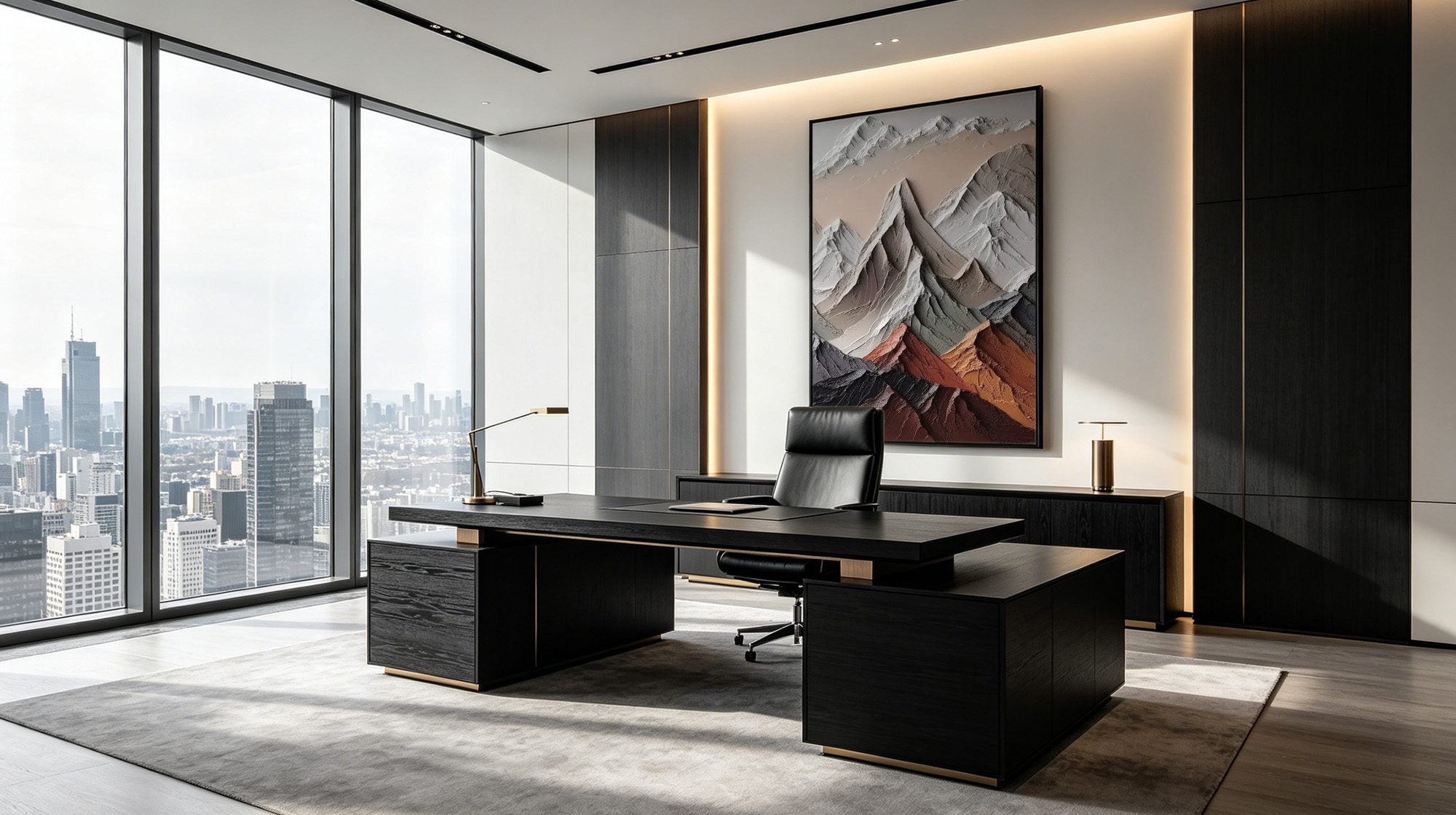 Montcarta large 3D mountain relief textured wall art in a luxury executive office.