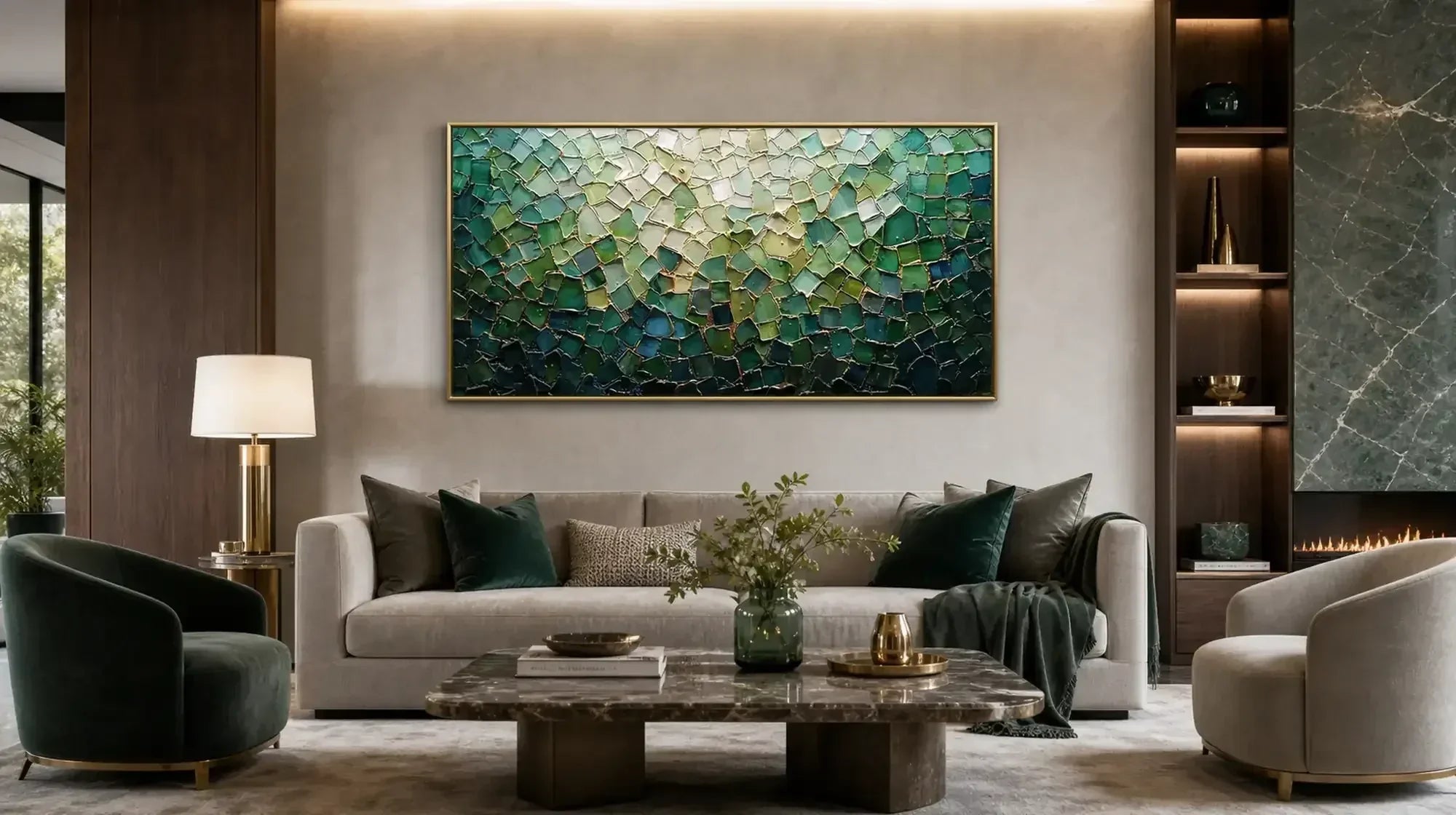 Modern living room with a large green abstract painting above a beige sofa.