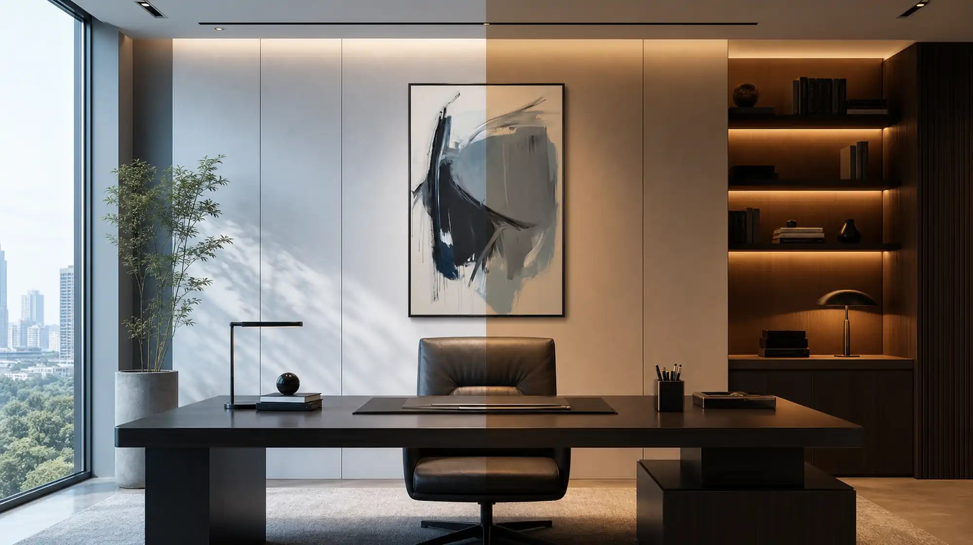 Large abstract navy blue and gray brushstroke painting hung in a modern minimalist office with dark desk and floor-to-ceiling windows.