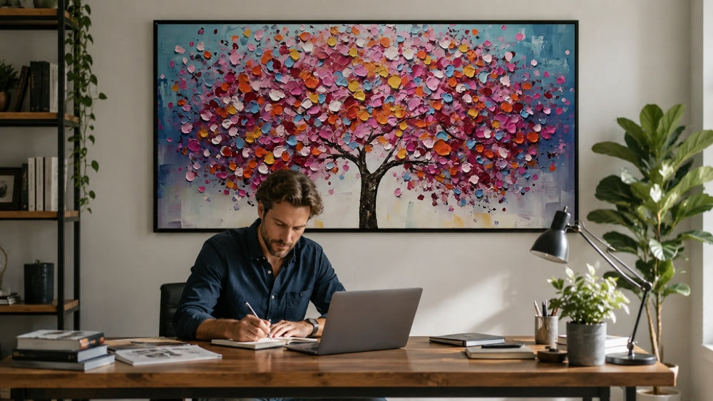 Pink flowering tree wall art above a desk in a calm home office