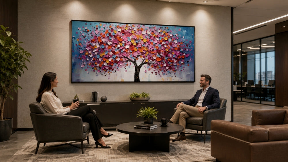 Pink flowering tree wall art in a professional lounge with seated people