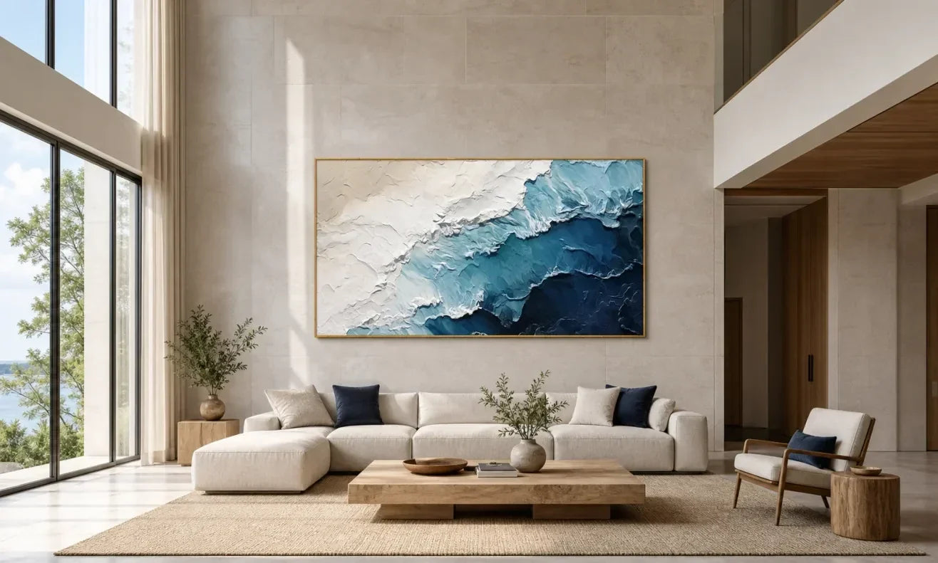 Living room with abstract art, L-shaped sofa, and coffee table.