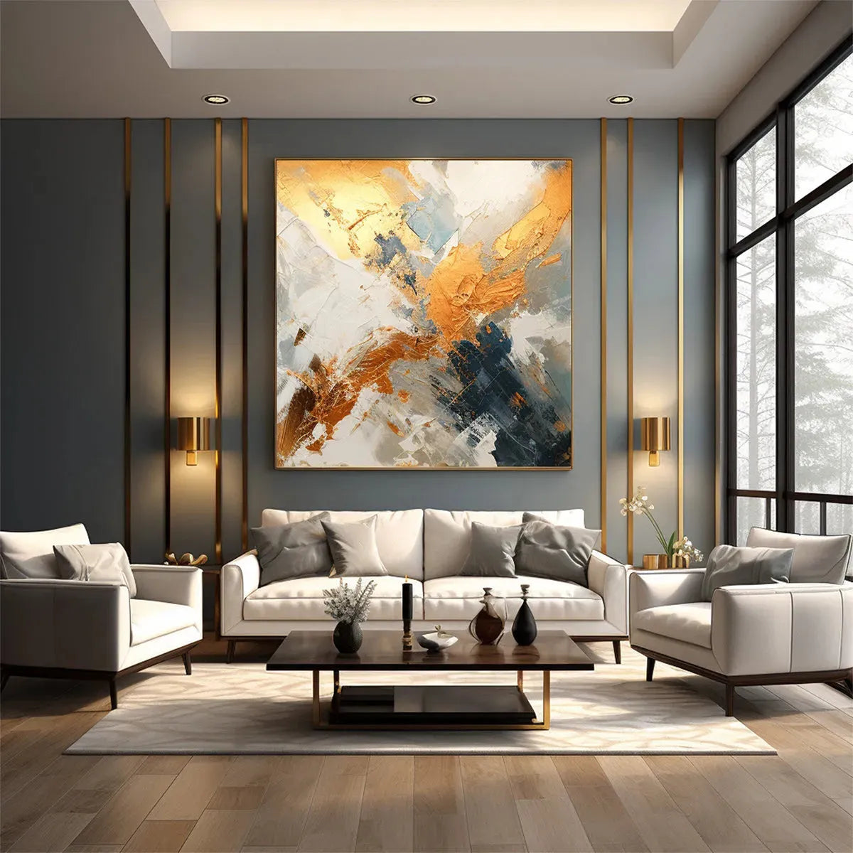 GILDED CONFLUENCE: Square Abstract Oil Painting with Gold, and Grey