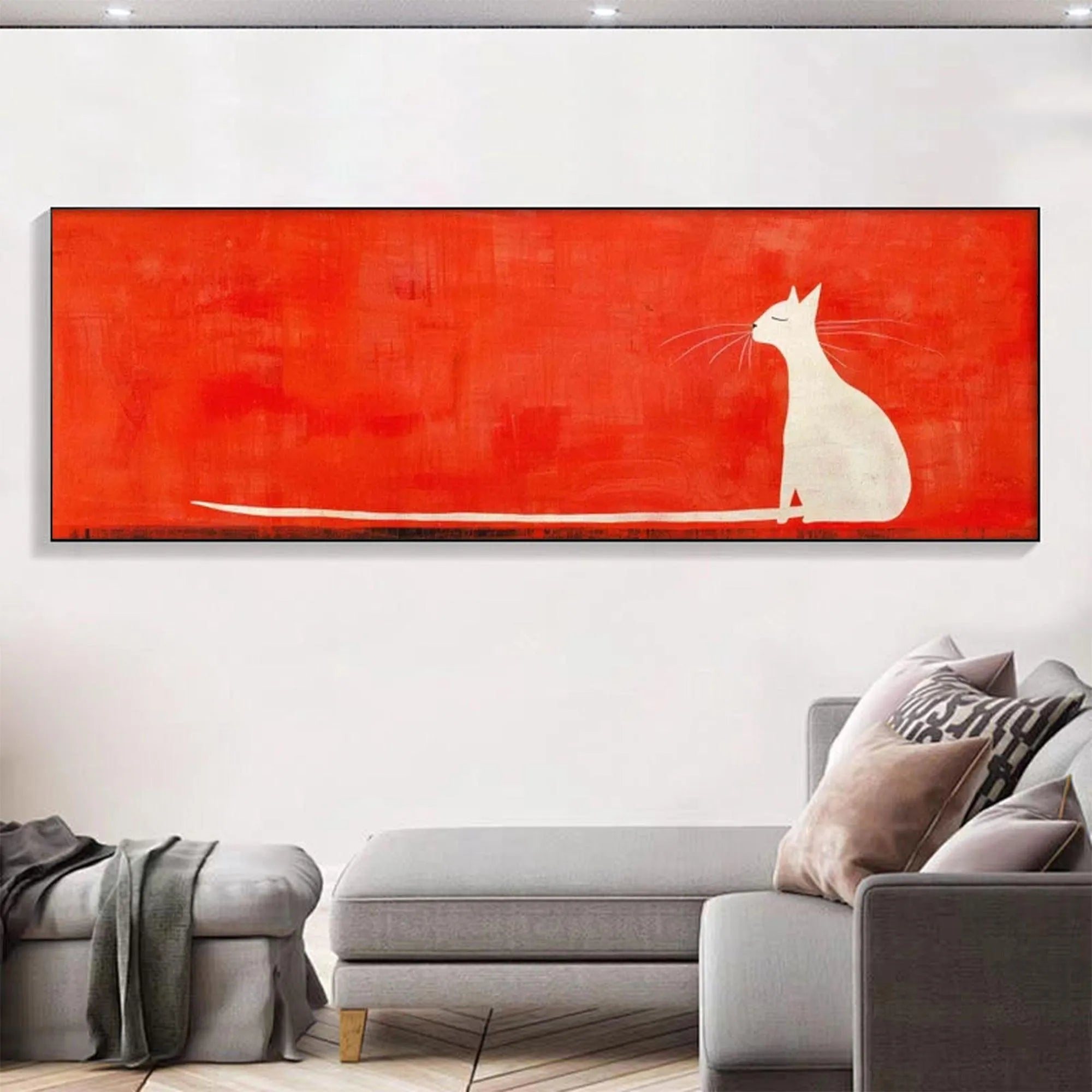 MINIMALIST CAT ON RED PANORAMIC: Cat Painting, Panoramic Wall Art, Minimalist Decor