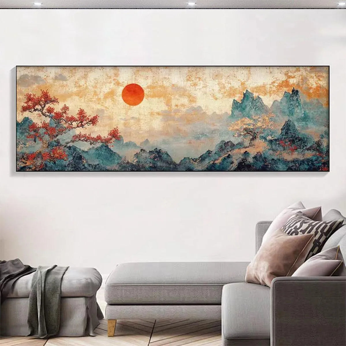 ZEN MOUNTAIN SUNSET PANORAMIC: Landscape Painting, Panoramic Wall Art, Asian Decor