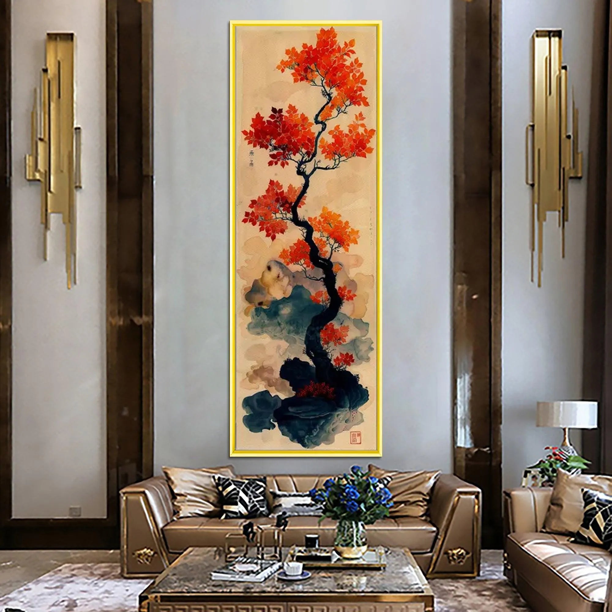 CRIMSON AUTUMN BONSAI: Tree Painting, Vertical Wall Art, Asian Decor