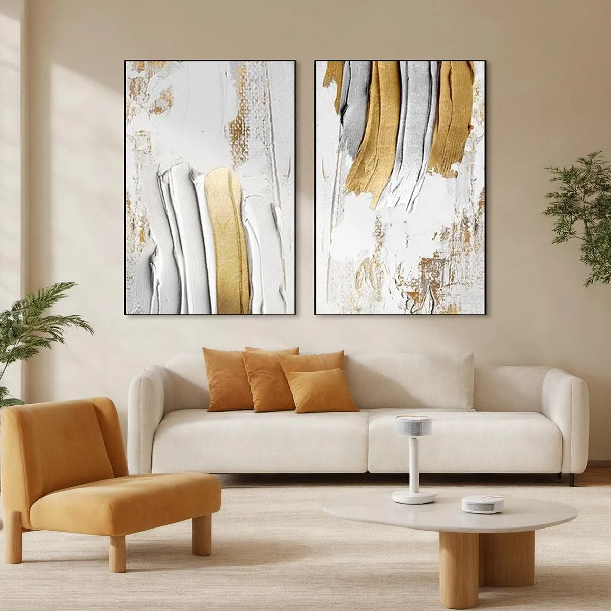 GOLDEN LINES DIPTYCH: Textured Abstract Painting Set of 2, Vertical Wall Art